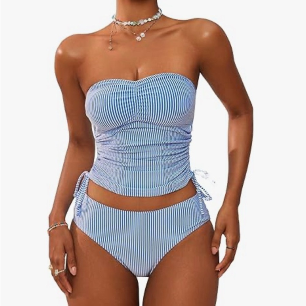 Zaful Blue and White Striped Bandeau Bikini